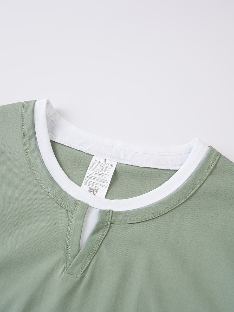 American-style Minimalist Color-Block White-Trimmed Henley Shirt for Men, Versatile Commuting Breathable Thin Short-Sleeve Base Layer Top, Summer Color-Block V-Neck Solid Color T-Shirt, Casual Short Sleeve - Yellow-green