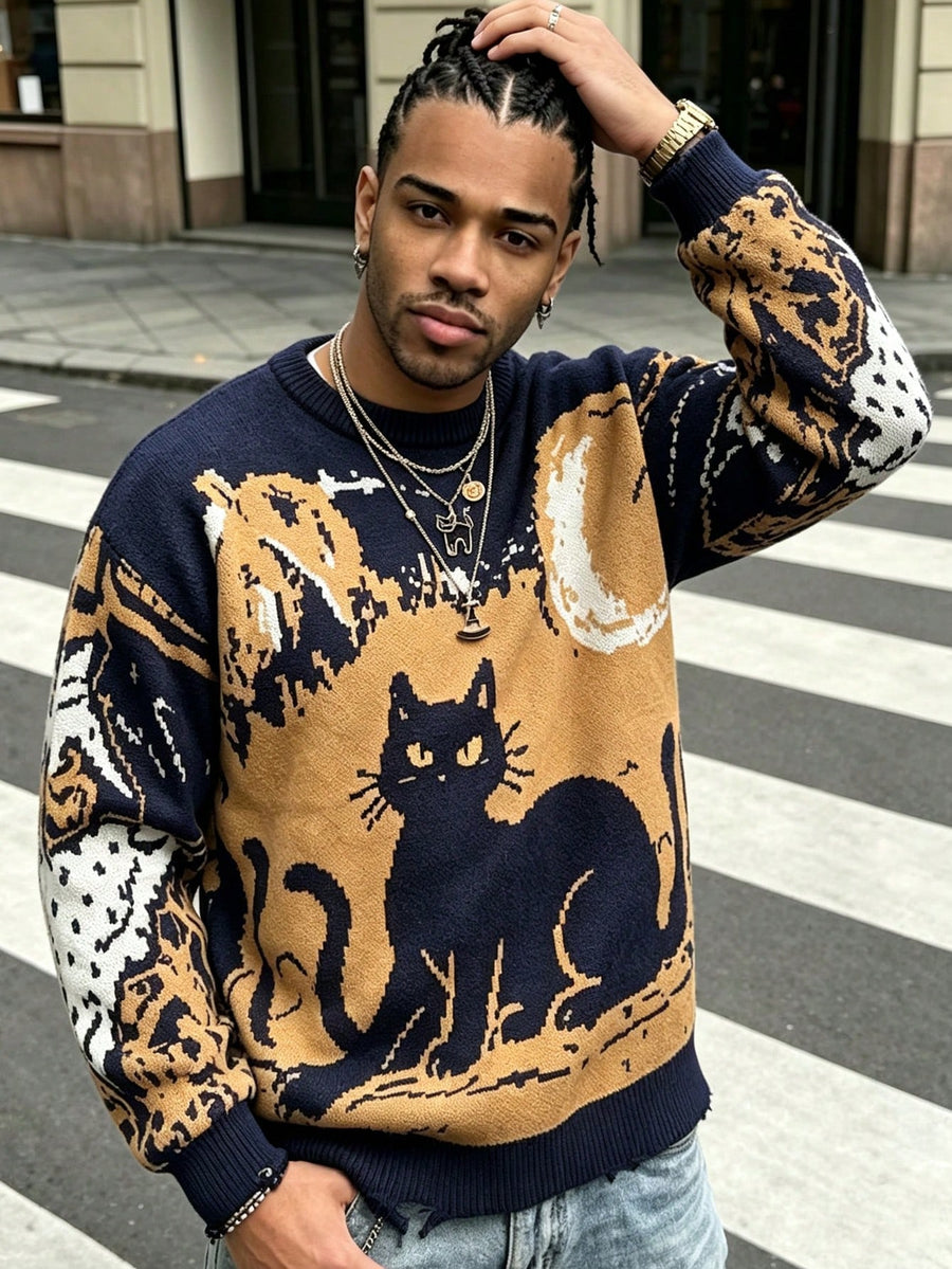 ANDREILEE Men's Cat-Themed Sweater with Tassel Trim - Loose Fit Ribbed Knit Sweater Suitable for Daily Commute & Home Wear, Cozy Crew Neck Long Sleeve Pullover, Fall Winter Warm Sweater for Casual Outfits, Hand Washable Cat Pattern Top - Blue