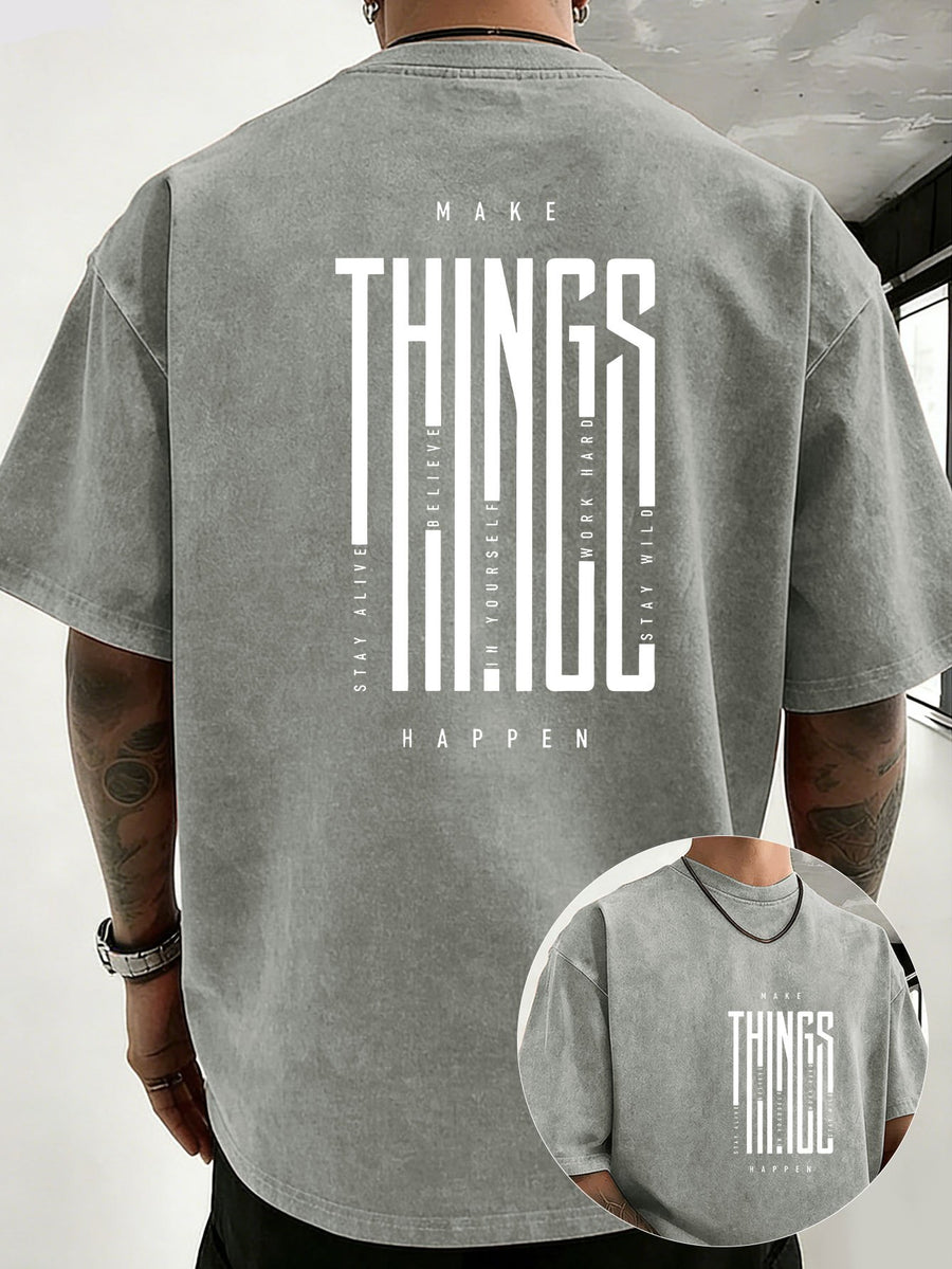 2026 New Unisex T-Shirt, Washed Pure Cotton with Distressed Texture, Double-Sided Print, Breathable and Sweat-Absorbent, Loose Fit for Outdoor Fitness and Sports, Trendy Short Sleeve - Grey