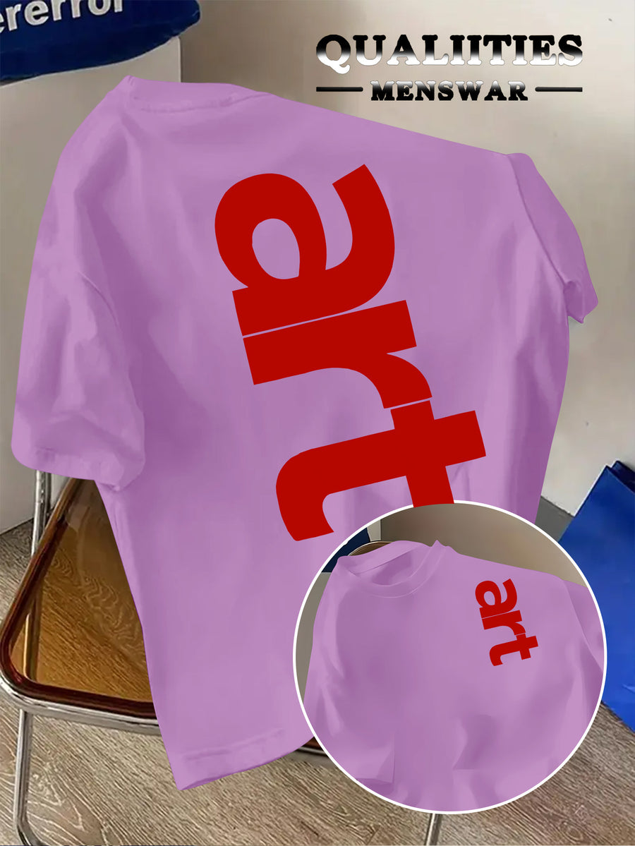 Men'S Fashion Short Sleeve T-Shirt, Minimalist Red Letter Pattern Print, Casual Regular Knit Tee, Suitable for Daily Wear, Couple Style, Unisex, Summer New Arrival, Versatile Style - Violet