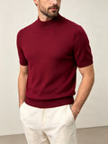 Men's Minimalist Urban Style Half-Turtleneck Short-Sleeve Knit Sweater with Fine Texture, Breathable for Spring/Summer Daily Wear - Burgundy