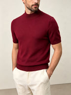 Men's Minimalist Urban Style Half-Turtleneck Short-Sleeve Knit Sweater with Fine Texture, Breathable for Spring/Summer Daily Wear - Burgundy