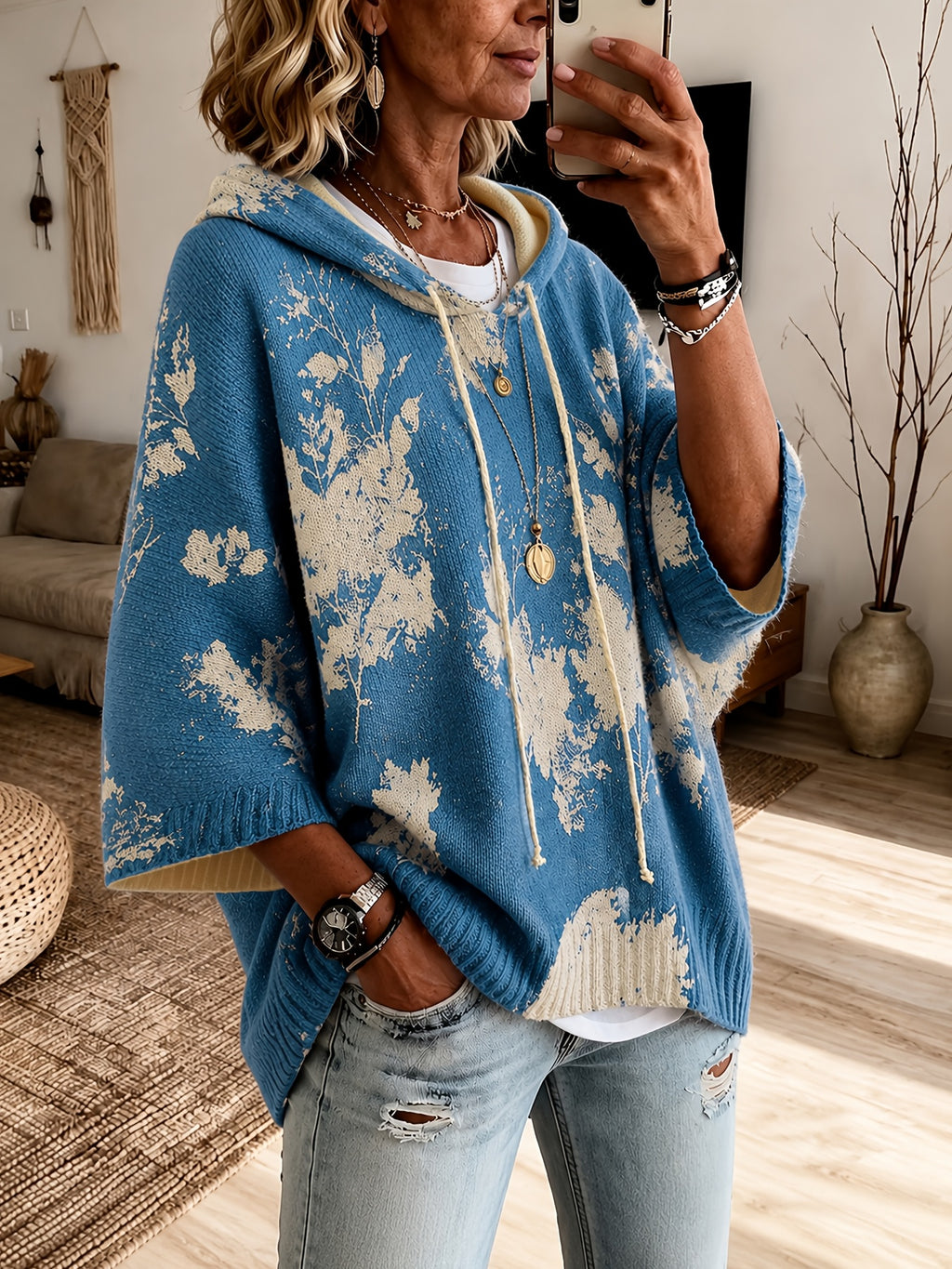 2026 Women'S Fall Winter Vintage Floral Print Hooded 3/4 Sleeve Cape Sweater Top with Drawstring Design, Lazy Style Fashion Versatile Casual Commute Vacation Pullover Top Women'S Clothing - Dark Blue 1