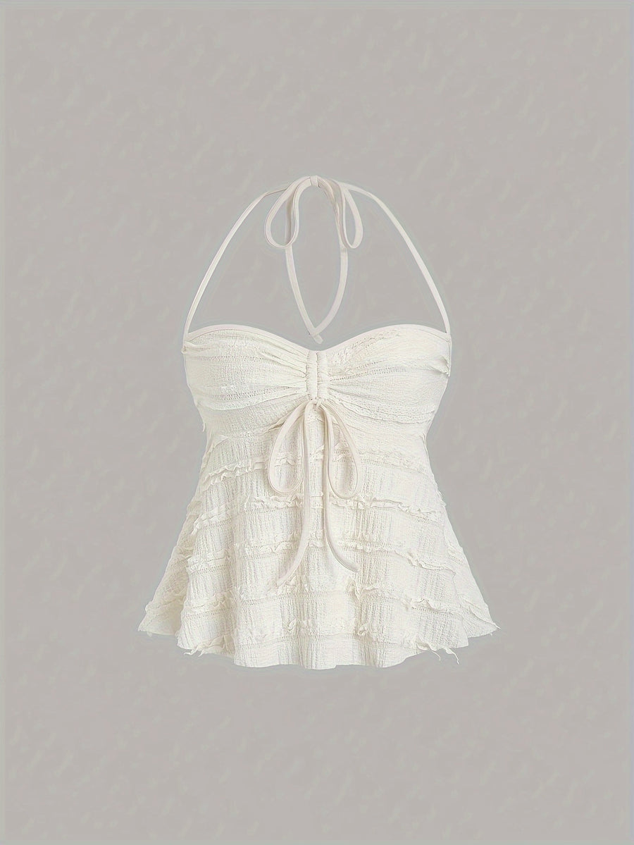 Niannian's Choice Solid Color Drawstring Halter Neck Backless Sexy Tank Top - Apricot