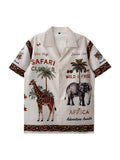 Men'S Print Shirt, Giraffe And Elephant Pattern, African Savannah Style, Easy Retro, Trendy, Casual Daily Wear, Beach Vacation - Apricot