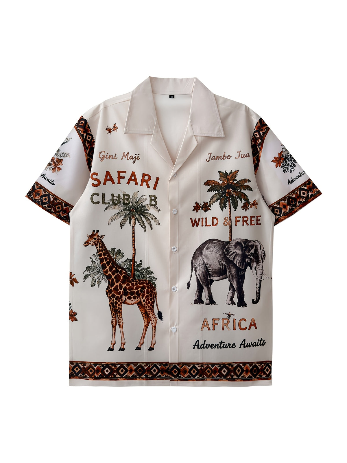 Men'S Print Shirt, Giraffe And Elephant Pattern, African Savannah Style, Easy Retro, Trendy, Casual Daily Wear, Beach Vacation - Apricot