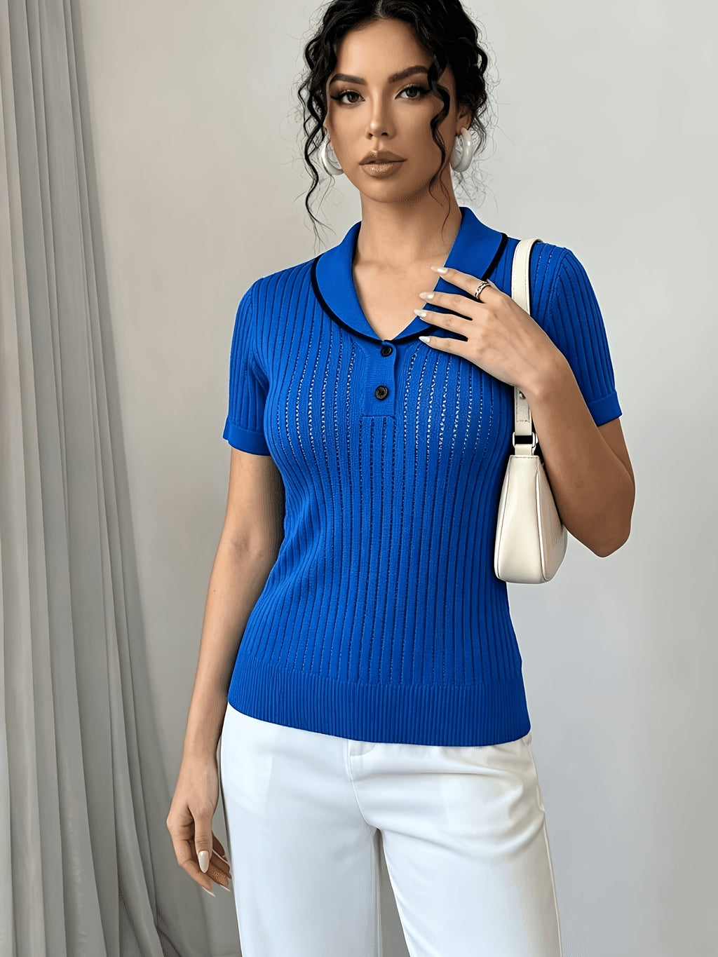 Women'S Summer Clothing Short Sleeve Solid Color Sweater, Lapel Hollow Out Design, Slim Fit Style Pullover, Spring Summer Season - Blue