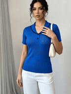 Women'S Summer Clothing Short Sleeve Solid Color Sweater, Lapel Hollow Out Design, Slim Fit Style Pullover, Spring Summer Season - Blue