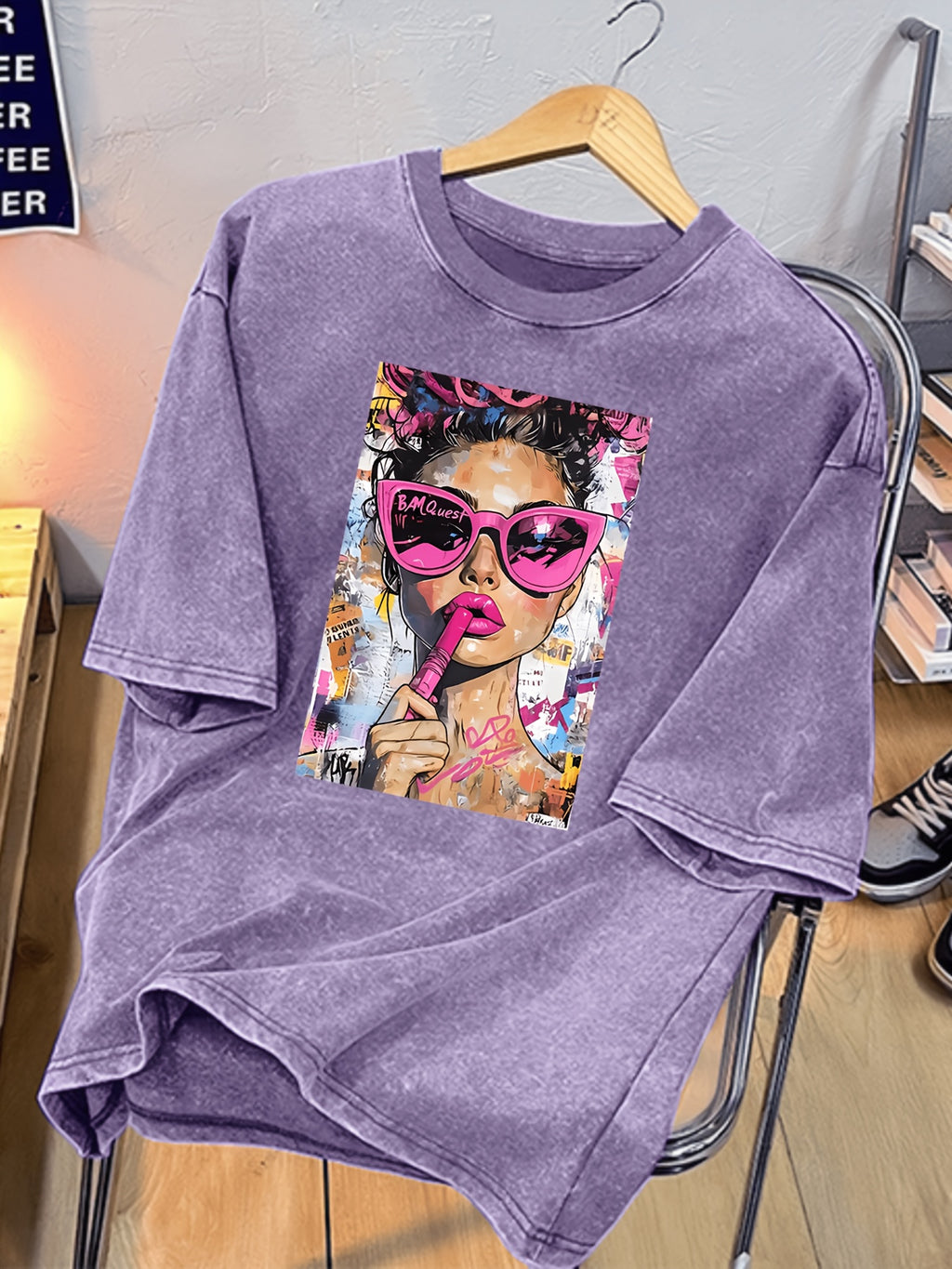 Women's Washed T-shirtVintage Washed Women's T-Shirt with Bold Pop Art Print, Perfect for Casual Outings or Home Relaxation, Lightweight and Durable Blend, Stylish Statement Piece for Everyday WearWomen's Top Tee - Light Purple