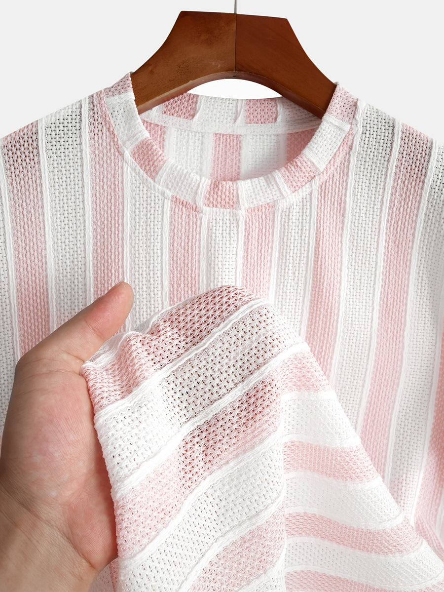 Men'S Vertical Striped Textured Knit T-Shirt, Breathable Jacquard Crew Neck Short Sleeve Tee, Casual Summer Fashion Shirts for Daily Wear - Pale Pinkish Gray