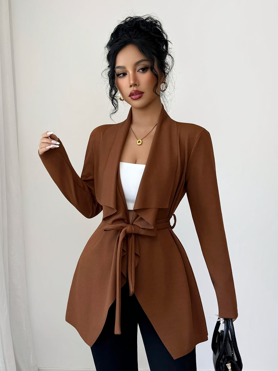 New Women's Spring/Autumn Elegant and Fashionable Commuter Long-Sleeve Textured Lapel Cardigan with Belted Waist, Thin Outerwear - Dark Brown