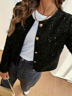 A Short Jacket in Tweed with Sequins, Featuring Golden Buttons, Stylish And Flattering - Black