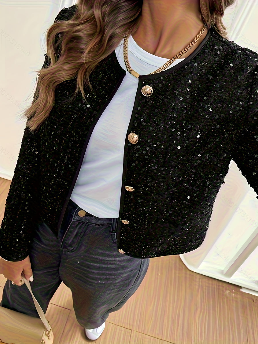 A Short Jacket in Tweed with Sequins, Featuring Golden Buttons, Stylish And Flattering - Black