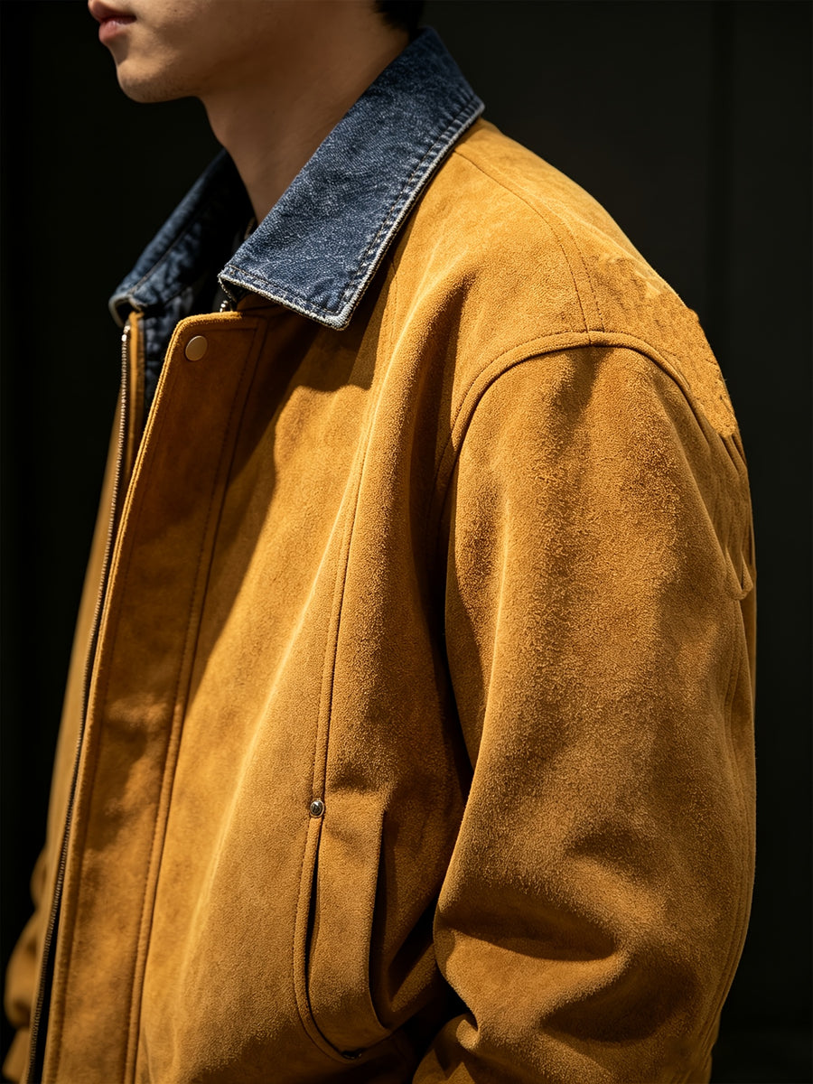 Men's American Vintage Style with Full Atmospheric Vibe! Denim Collar with Color-block Patchwork, Loose Drop-shoulder Fit for a Slimming and Versatile Look, the Perfect Streetwear Top Coat for Autumn and Winter. Trachten Jacket - ginger-colored