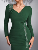 Women's Sequin Patchwork Elegant Wedding Bridesmaid Evening Dress Gown - Dark Green