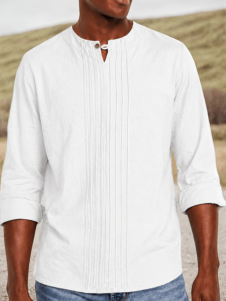 Men's Linen Pullover Shirt - Retro Vertical Pleat Collar & Round Neck, Loose Fit Long Sleeve Suitable for Daily Wear, Travel, Beach Outfits, Spring Summer Fall Casual Top, Machine Washable Solid Color Shirt - White