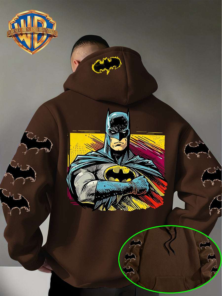 Men'S Hooded Sweatshirt, Batman Classic Image Print, Large Heroic Pattern on Back, Multiple Bat Logos on Sleeves, Exclusive Bat Emblem on Back of Hood, Trendy Street Style Design, Rich Details with Strong Visual Impact - Coffee Color