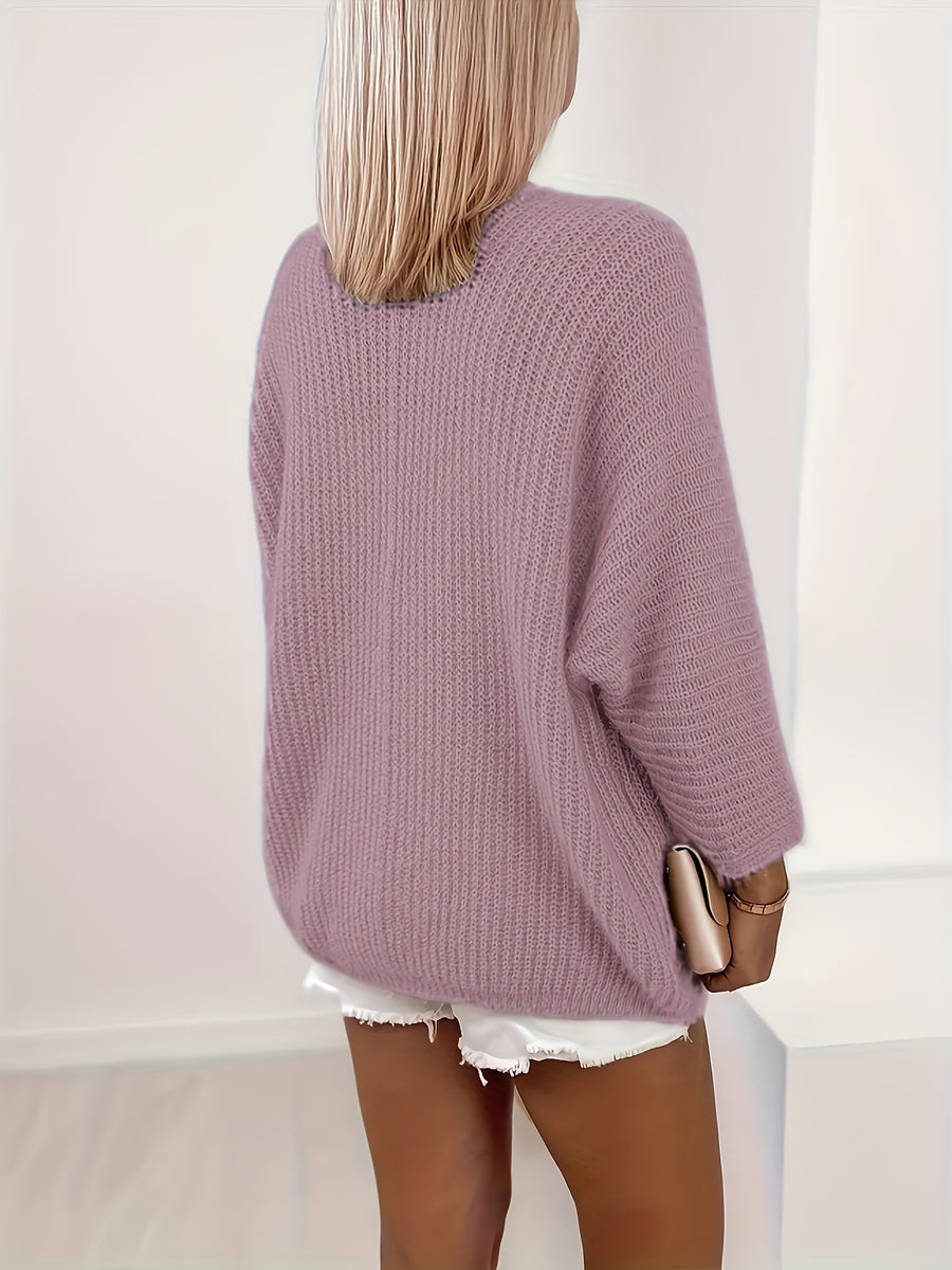 Women's Autumn/Winter Fashion Casual Sweater Cardigan Elegant Solid Color Fabric Top - Dark Violet