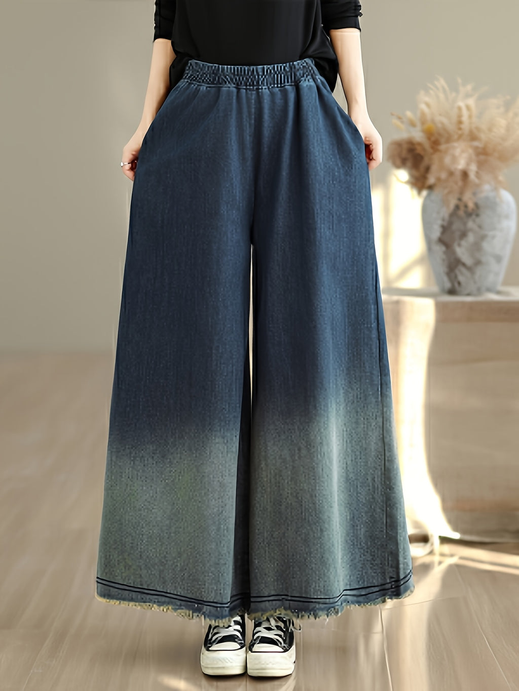 2026 New Women'S Loose Casual Elastic Waist Tie-Dye Gradient Denim Wide-Leg Trousers - Blue