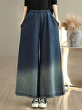2026 New Women'S Loose Casual Elastic Waist Tie-Dye Gradient Denim Wide-Leg Trousers - Blue