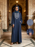 Muslim Ethnic Style Intricate Embroidery Craft Round Neck Long Sleeve Elegant Casual Long Dress Abaya (Headscarf Not Included) - Navy Color