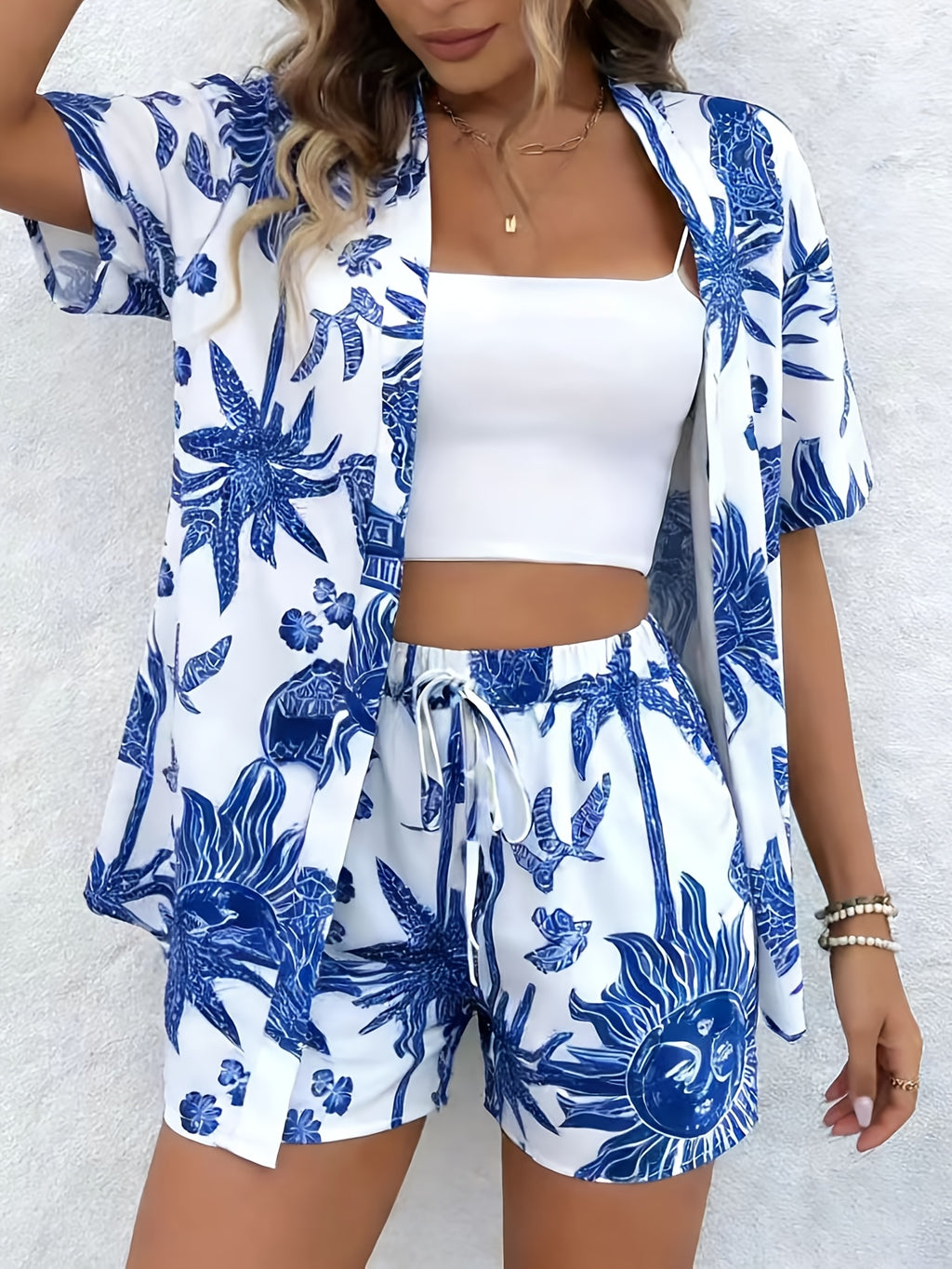 Vacation-style Geometric Print Short Set, Featuring a Front-open Short-sleeve Tunic and a Drawstring Loose-fit Shorts, Suitable for Spring and Summer, Women's Clothing - Blue