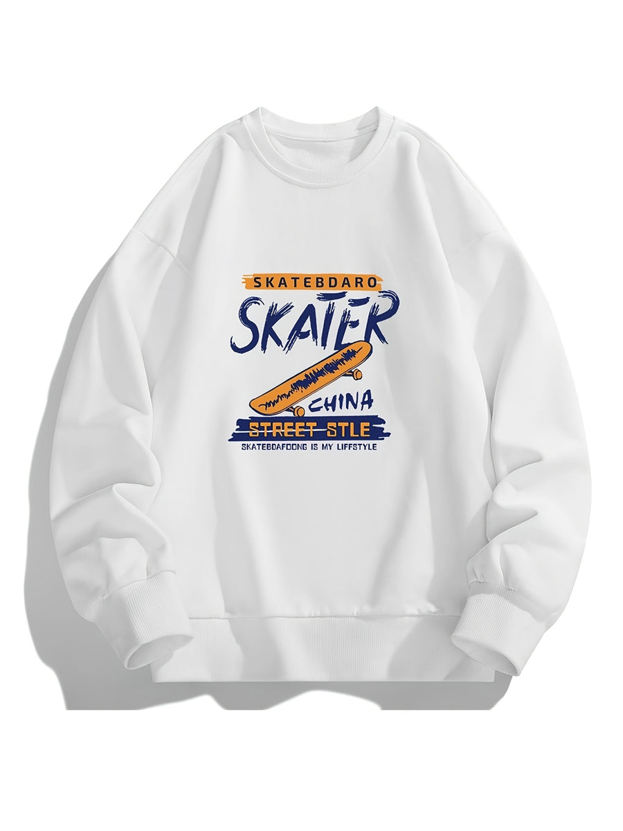 Men'S Crew Neck Sweatshirt, Spring And Autumn Skateboard Street Style Printed Pullover Top, Youth Loose Casual Versatile Long Sleeve Base Shirt - White