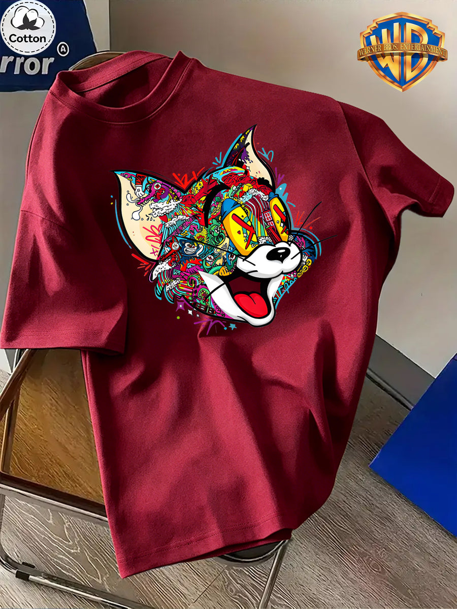 Cartoon Pattern Print T-Shirt, Round Neck Design, Pure Short Sleeve Street Casual Wear. Easy And Comfortable, Versatile Summer Short Sleeve T-Shirt, Suitable for Men'S Outdoor Activities, Gym Studio, Office Daily Wear - Burgundy