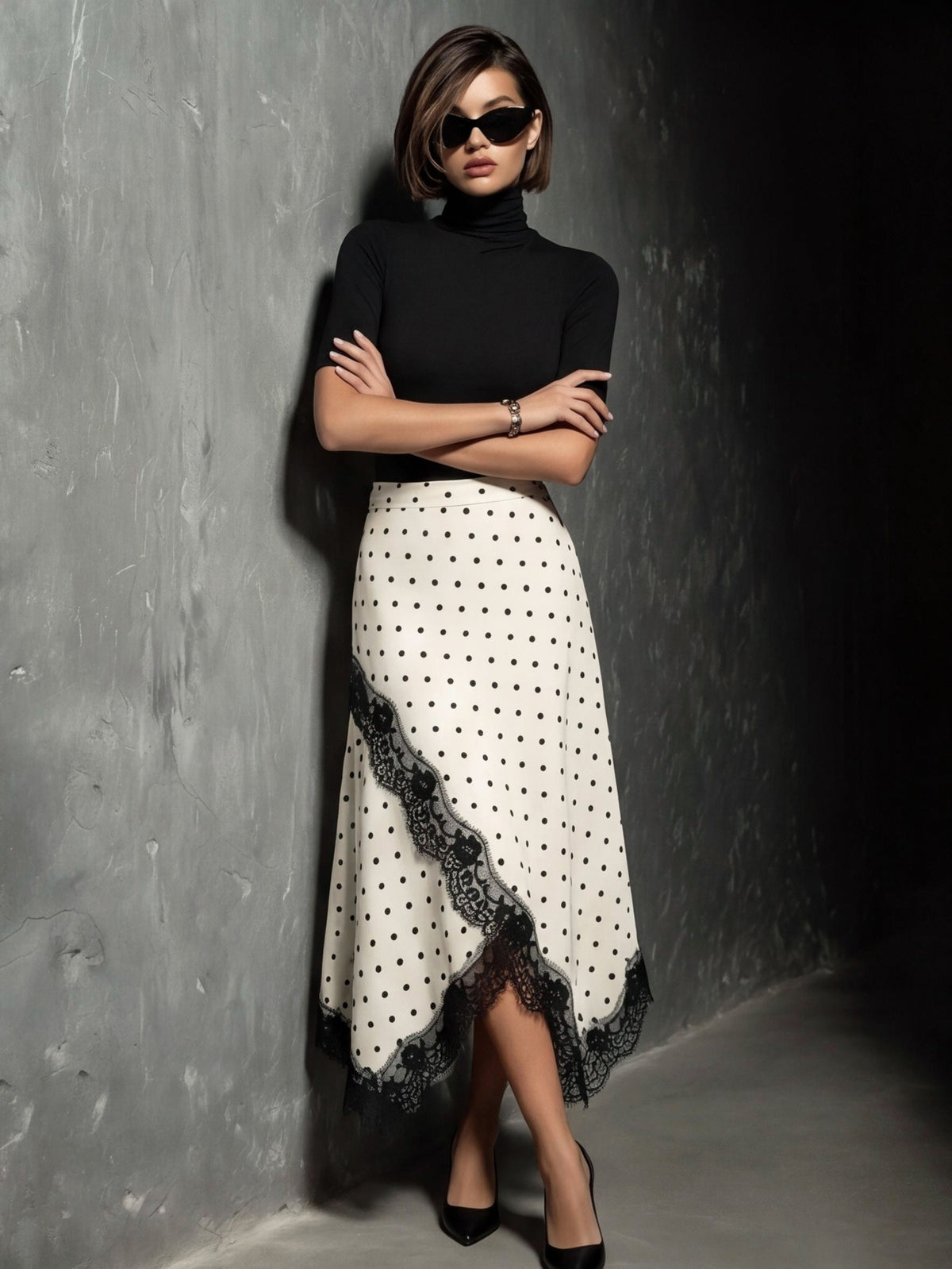 Polka Dot Lace Trim Asymmetrical Midi Skirt - Beige
