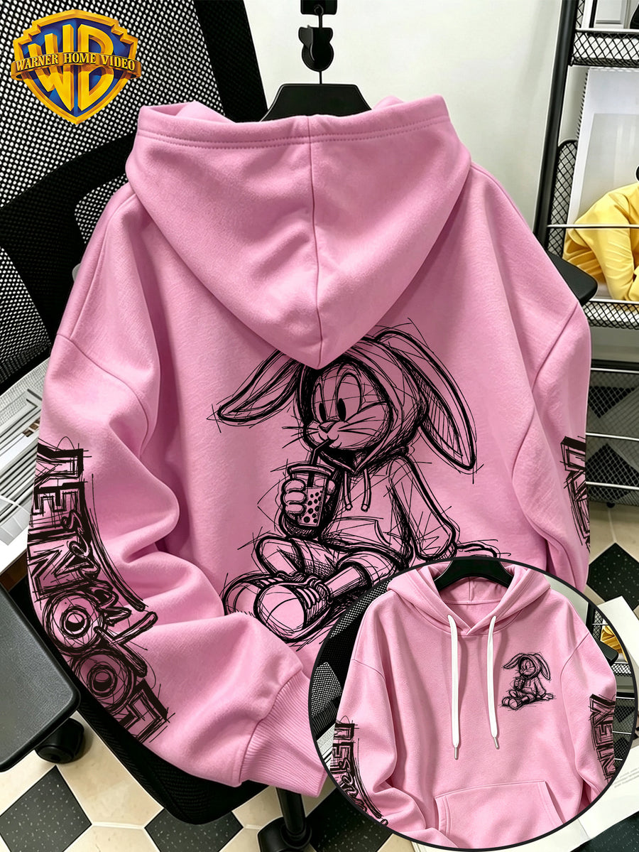 [Warner Bros] Licensed Men'S New Trendy Hoodie Sitting Drinking Milk Tea Rabbit Pattern Print Casual Hoodie, Daily Drawstring Loose Pullover Top, Machine Washable All-Match Sports Casual Men'S Top - Pink Color