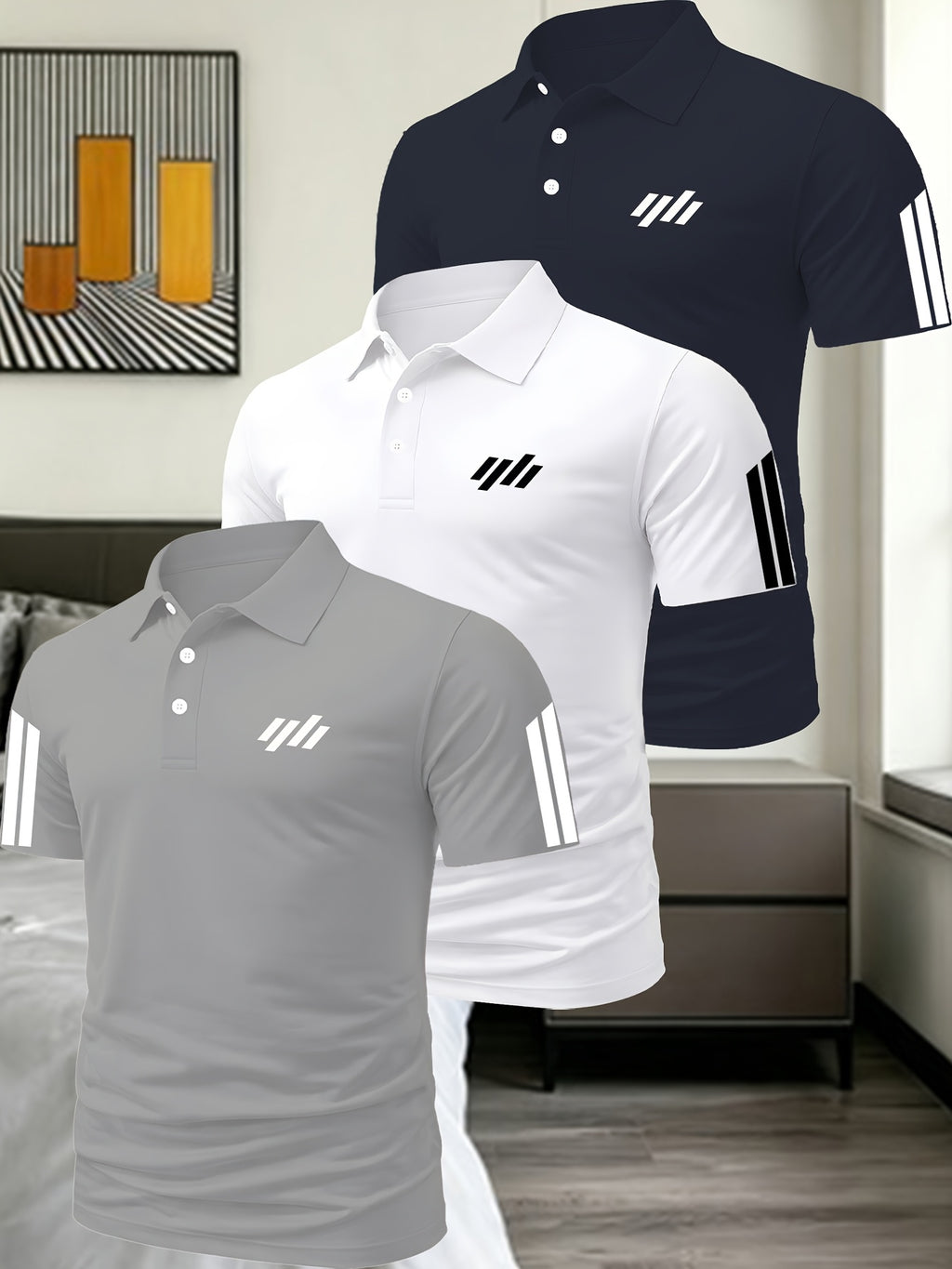 Men'S Exquisite Solid Color Polo Shirt 3pcs Set Multi-Pc Golf Casual Top - Grayish white navy