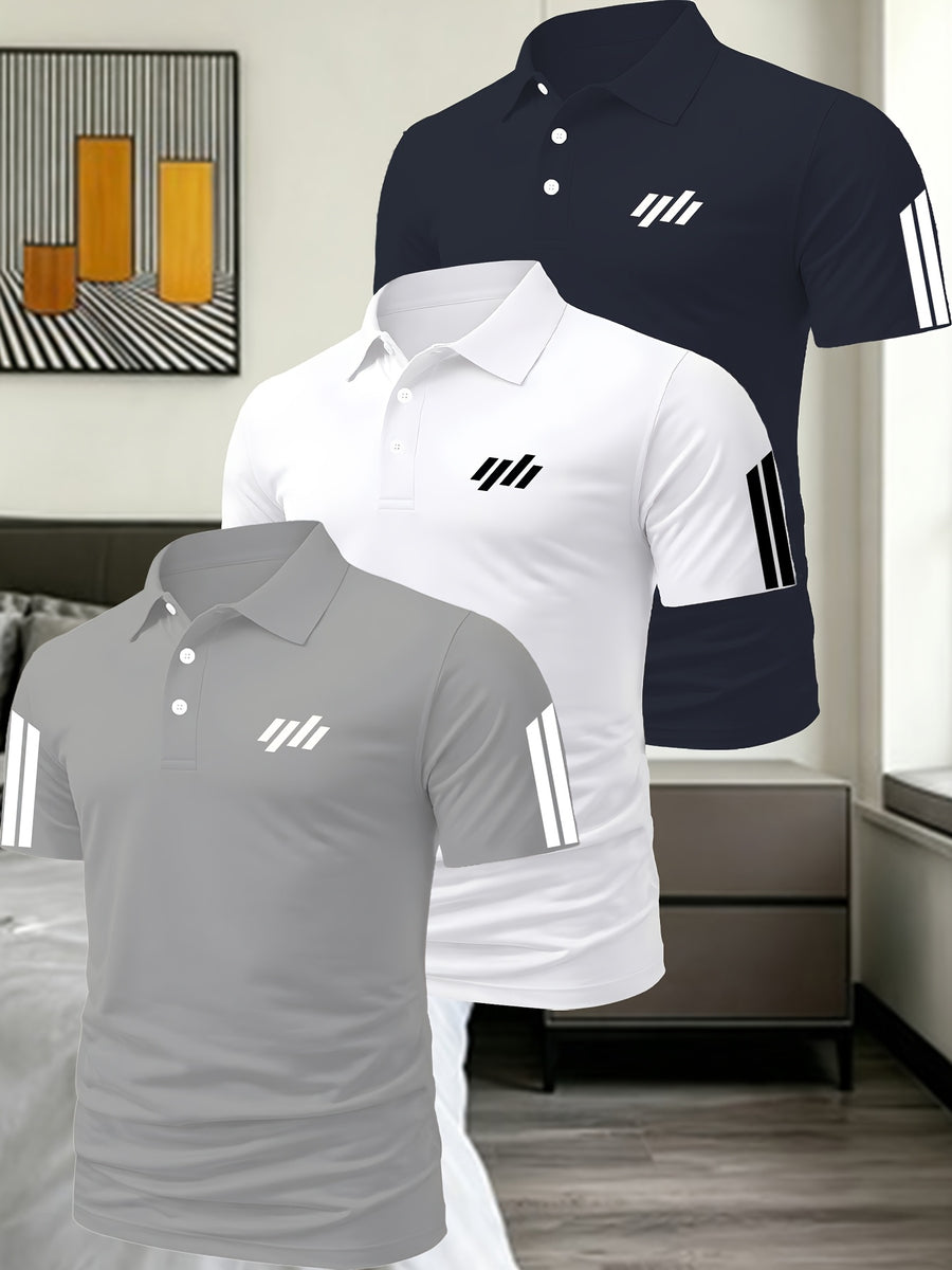 Men'S Exquisite Solid Color Polo Shirt 3pcs Set Multi-Pc Golf Casual Top - Grayish white navy