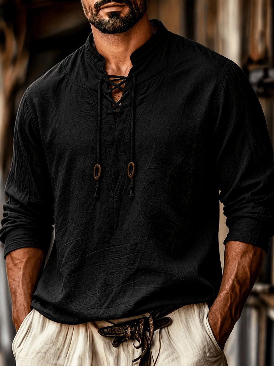 Men'S Vintage-Style Long-Sleeve Shirt with Tie Details - Medieval Style, Breathable And Machine Washable, Suitable for Spring And Summer Outdoor Activities. Men'S Vintage Tie-Front Shirt, Suitable for Renaissance, Viking, And Medieval Costumes - Black