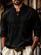 Men'S Vintage-Style Long-Sleeve Shirt with Tie Details - Medieval Style, Breathable And Machine Washable, Suitable for Spring And Summer Outdoor Activities. Men'S Vintage Tie-Front Shirt, Suitable for Renaissance, Viking, And Medieval Costumes - Black