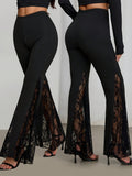 Women's Solid-color Trousers with Elastic Waistband and Lace Bell Flare, Flared Pants, Sexy Style - Black