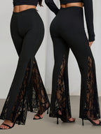 Women's Solid-color Trousers with Elastic Waistband and Lace Bell Flare, Flared Pants, Sexy Style - Black