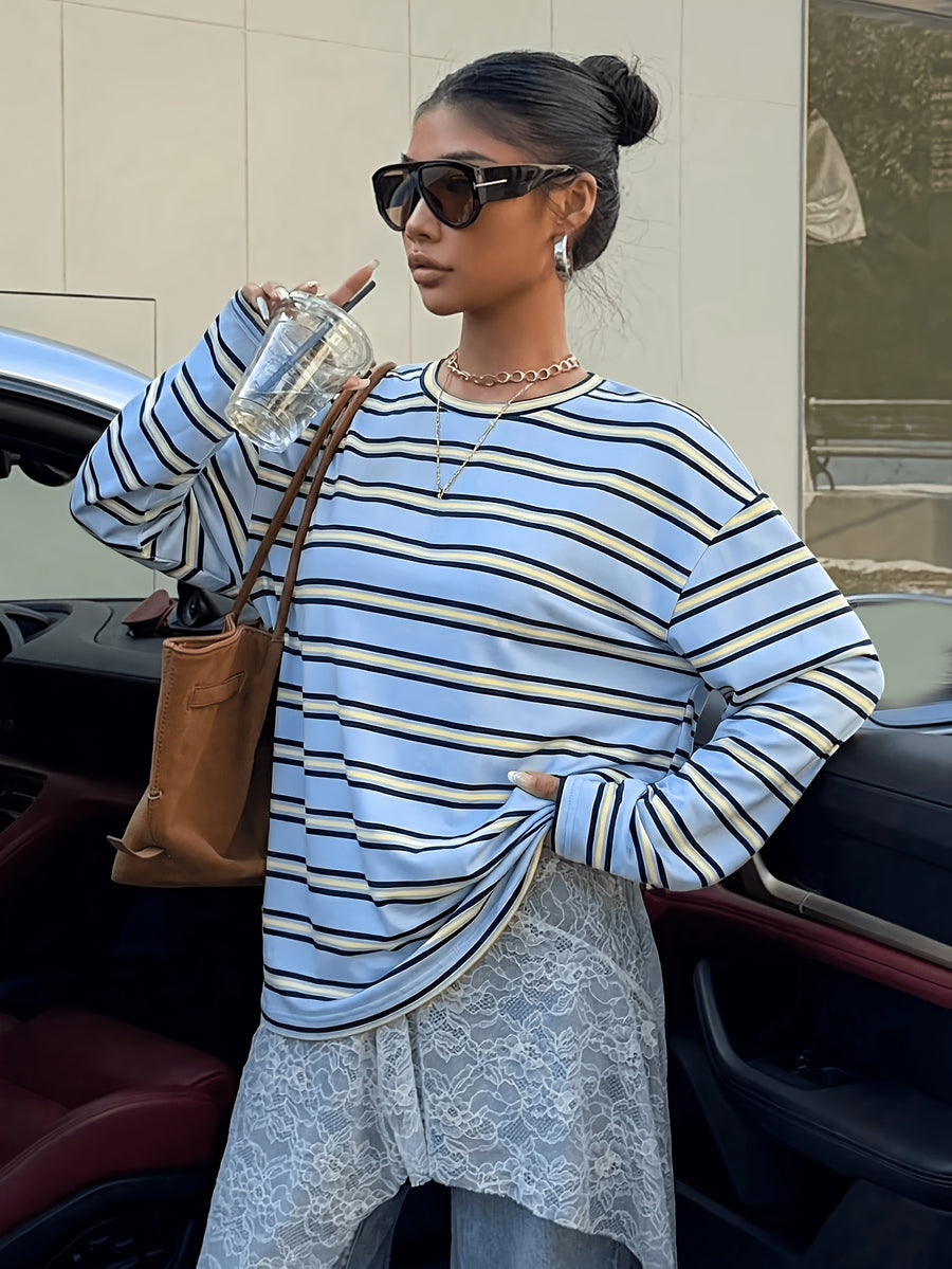 Vintage Brown/White/Blue Striped Oversized T-Shirt - Loose Fit Drop Shoulder Long Sleeve Top Suitable for Slightly Fuller Figures, Machine Washable Layering Piece for Fall Winter Wardrobe, Pilling & Fade Resistant Style - Mixed Color 3