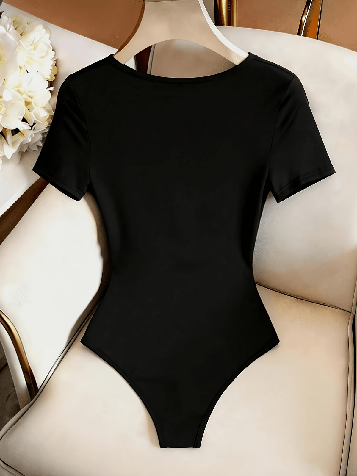 French Retro Color-Block Square Neck Jumpsuit, Jacquard Patchwork Waist-Defining Short Sleeve Bodysuit - Black+Apricot