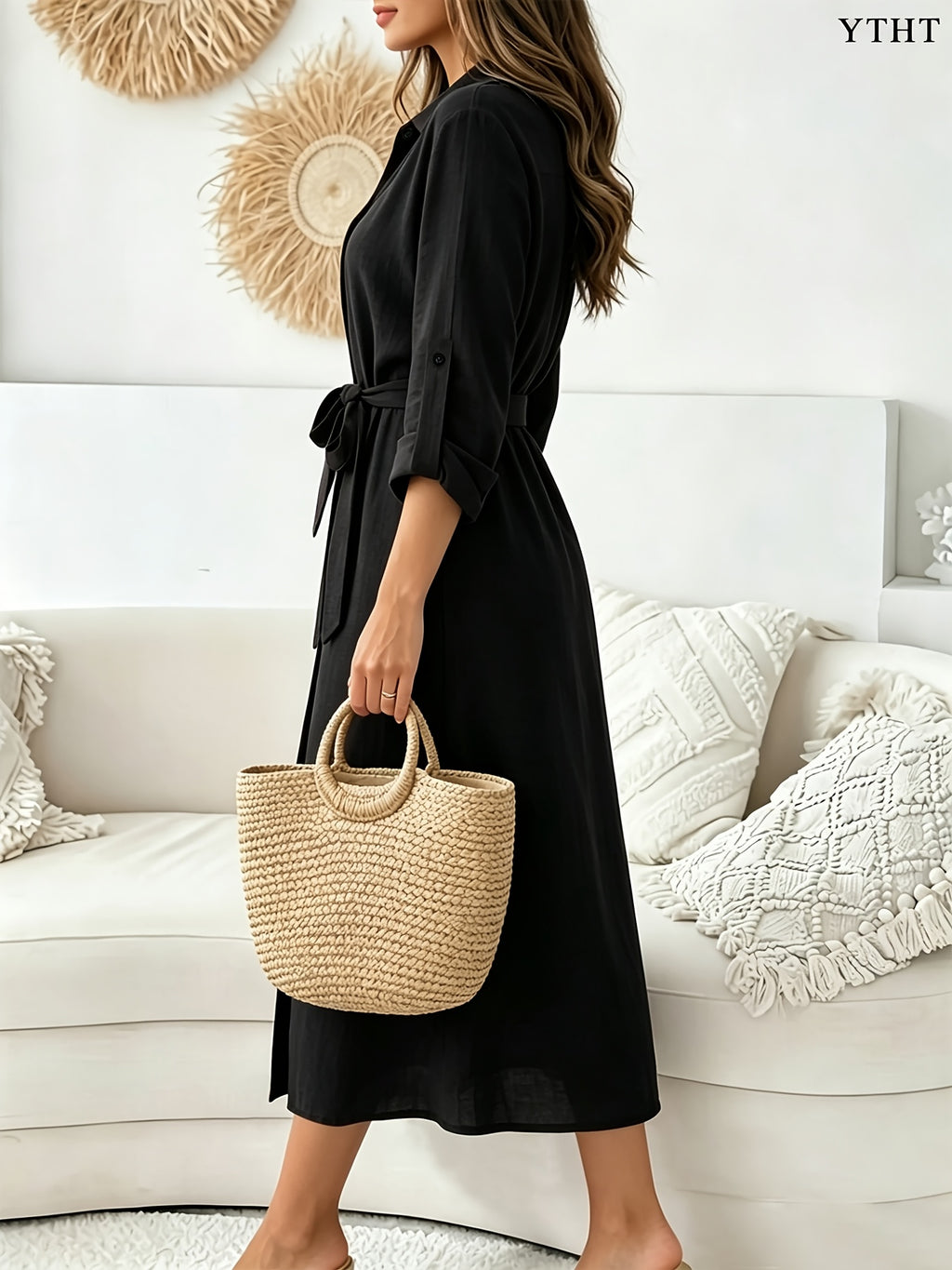Women's Elegant Button- Shirt Dress with Collar & Split Front - Self-Tie Waist Belt, Loose Midi Length Dress Suitable for Vacation, Beach, Daily Wear, Bohemian Outfit, Machine Washable Fall/Winter Pencil Dress - Black