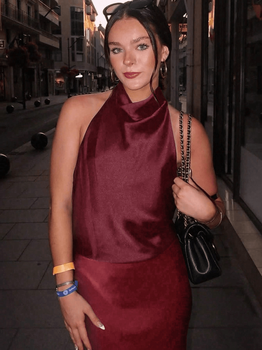 Summer Fashion Casual Hot Street Style Sexy Backless Halter Neck Vintage Women's Top - Burgundy