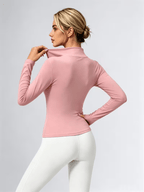 Women'S Solid Color Half-Zipper Long Sleeve Top, Waist-Cinching Warm T-Shirt - pink