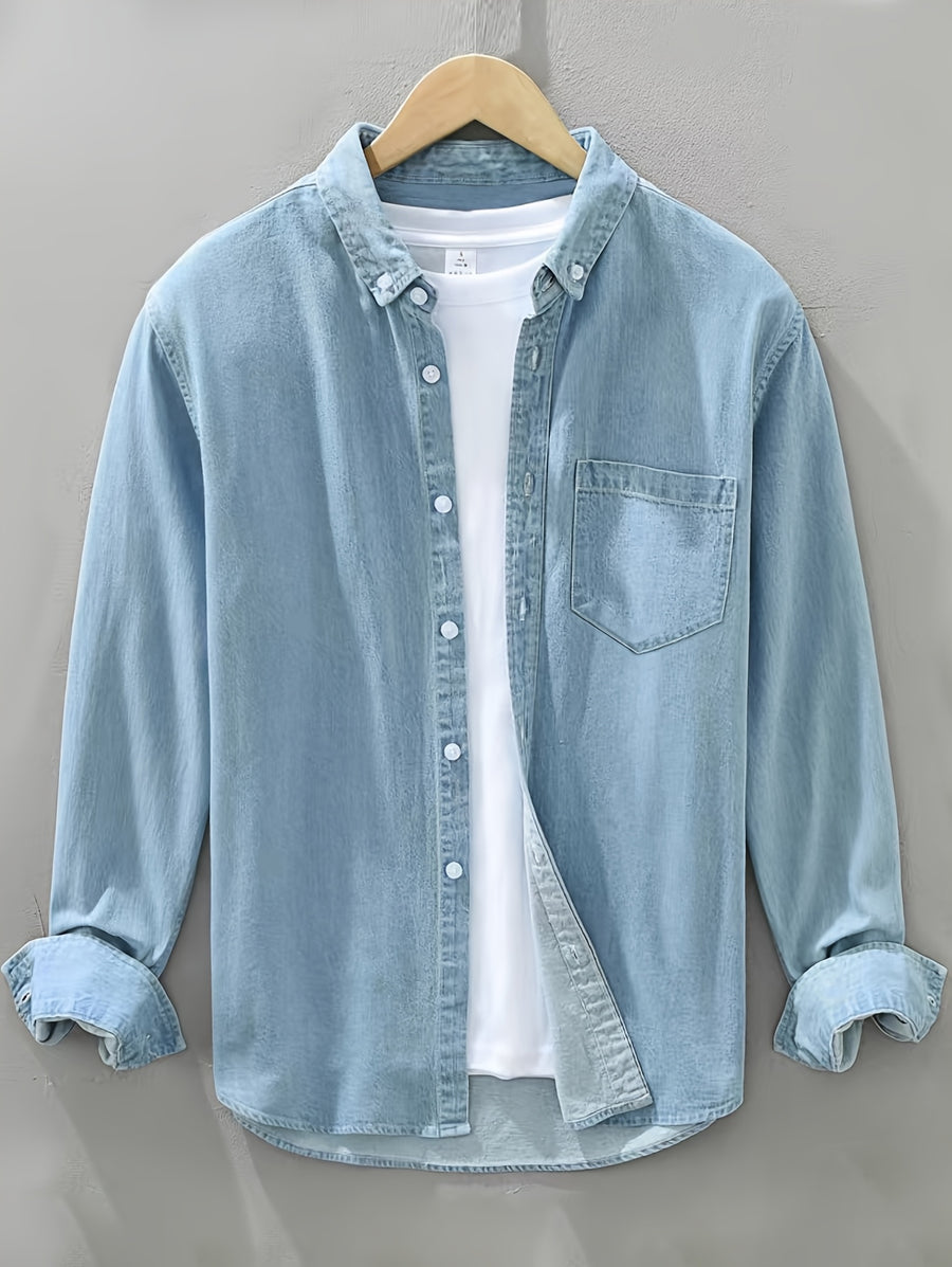 Men'S Casual Sporty Trench Coat, Japanese Retro Versatile Long Sleeve Men'S Shirt, Spring/Autumn Slim Fit Casual Washed Outwear Jacket - Blue