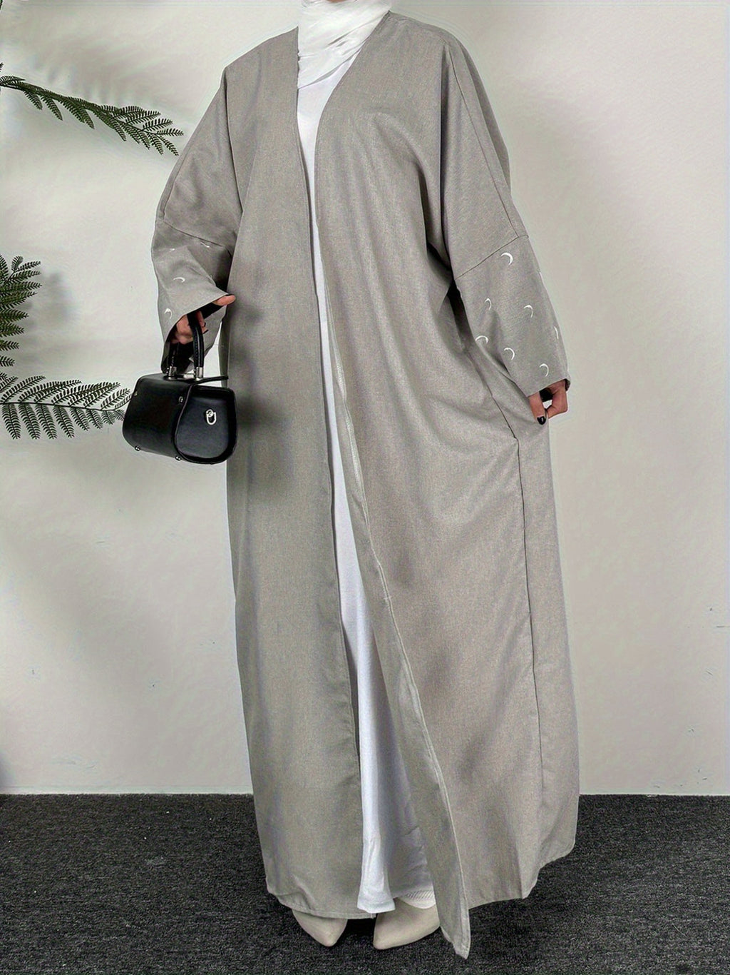 Traditional Middle Eastern Attire, The UAE Abayas, Features Moon Embroidery And Kaftan Styles with Long Sleeves, Ideal for Casual Wear in Spring And Autumn, Made from Fabric - Granny Gray