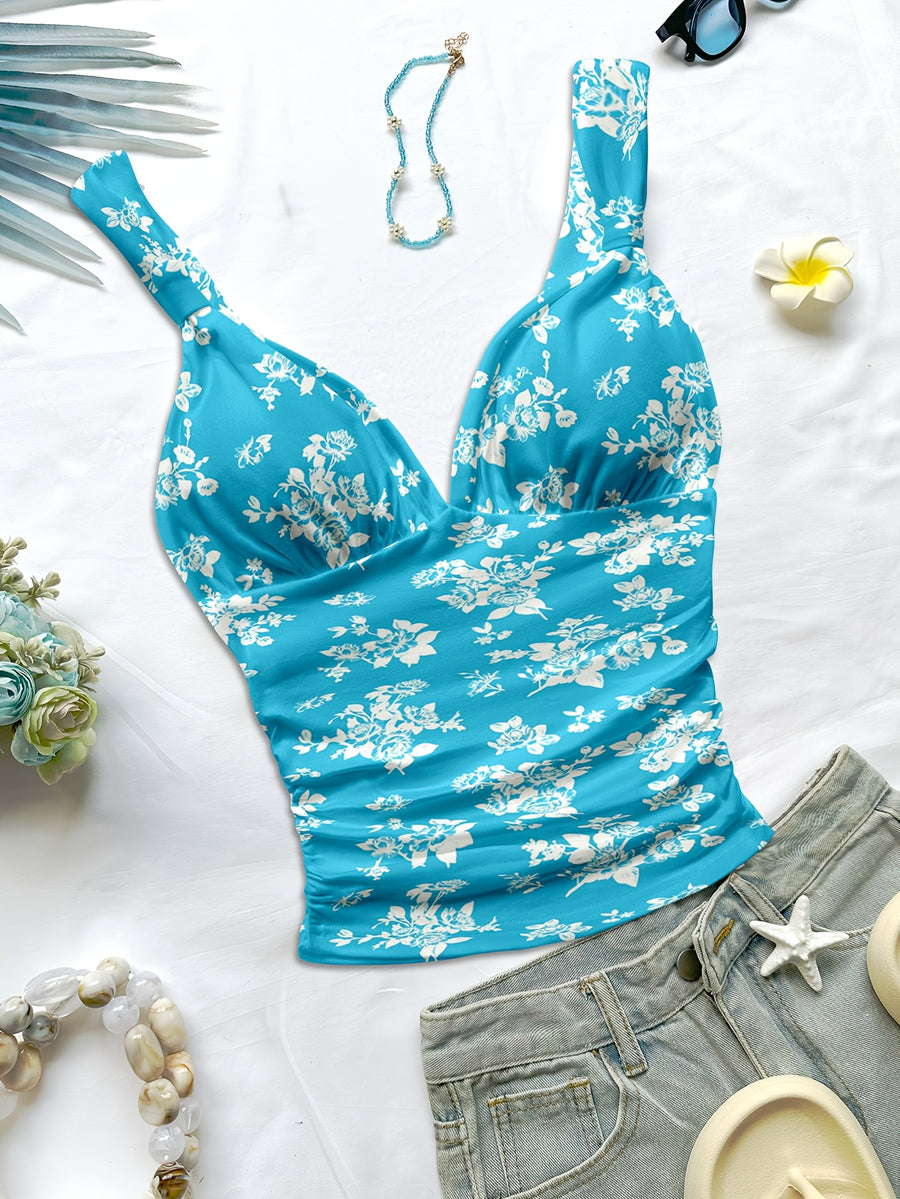 Women's Spring/summer New Hot Beach Tropical Vacation Outfits Casual Floral Slim Fit Bustier Halter Top - Deep Sky Blue