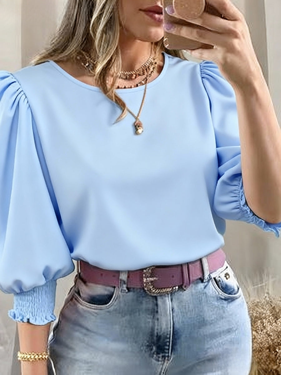 2503 Women's Casual Minimalist Solid Color Shirt Top - Blue