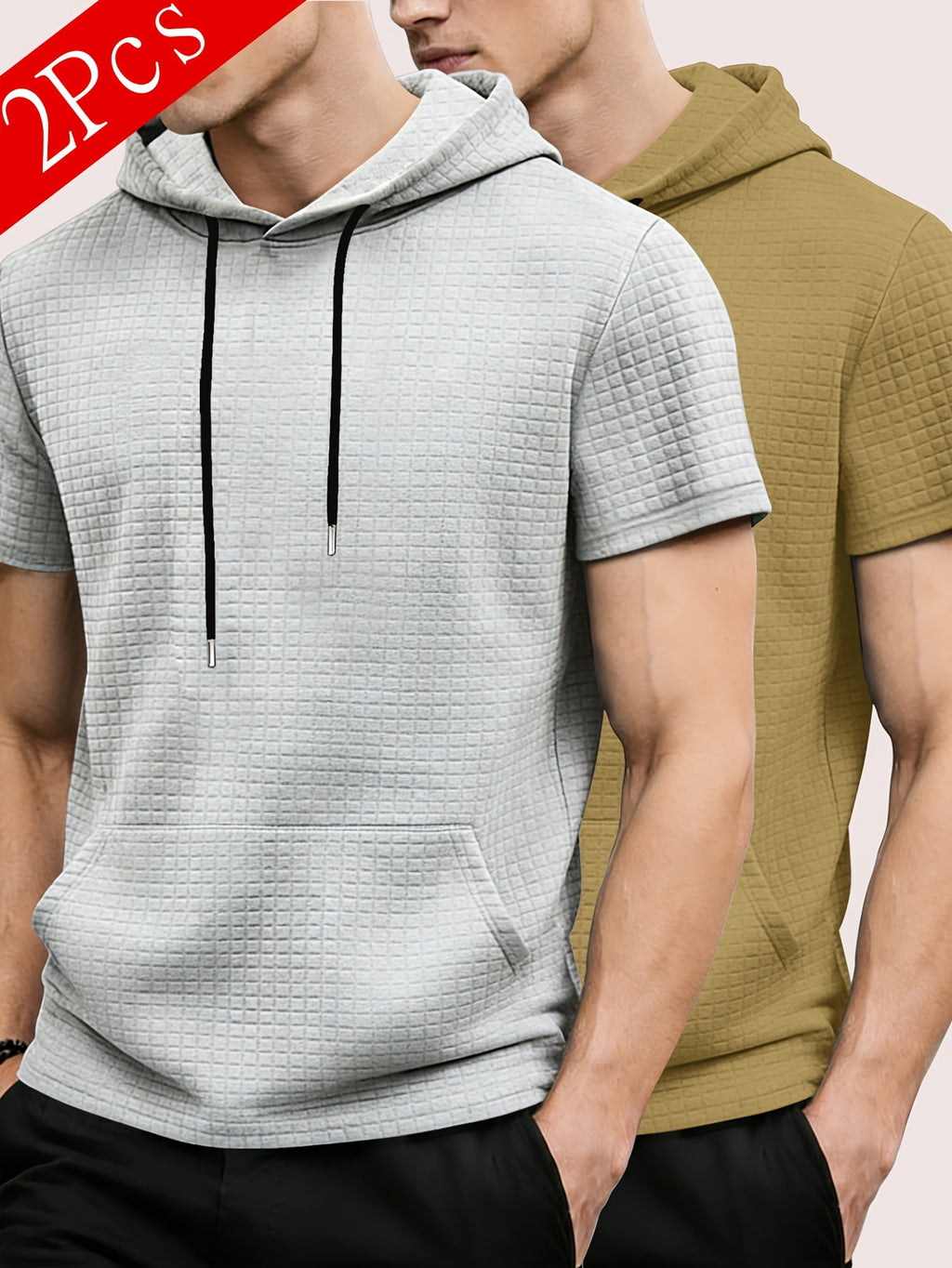 2pcs Men's Waffle Knit Short-Sleeve Hoodie with Kangaroo Pocket, Soft and Breathable Fabric, Multiple Color Options, Versatile, Simple, Stylish, and Casual for Daily Wear or Sports, a Great Choice for Holiday Gifts for Fathers, Partners, and Friends - Grey+Khaki