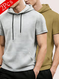 2pcs Men's Waffle Knit Short-Sleeve Hoodie with Kangaroo Pocket, Soft and Breathable Fabric, Multiple Color Options, Versatile, Simple, Stylish, and Casual for Daily Wear or Sports, a Great Choice for Holiday Gifts for Fathers, Partners, and Friends - Grey+Khaki