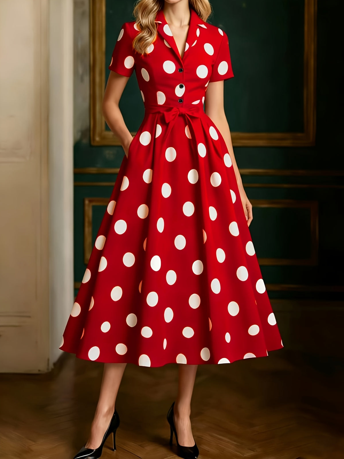 2026 Mid-Length Dress, Short Sleeve, Cape Neckline, Polka Dot Pattern, Button-Up Design, French Retro Style, White - Red