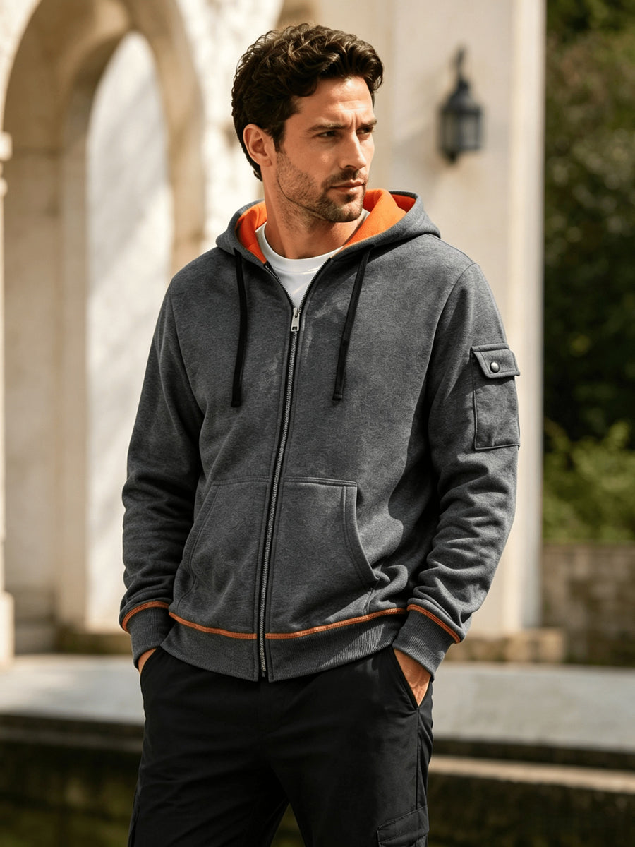 Men's Full Zip Hoodie, Contrast Color Hooded Sweatshirt with Cargo Pockets, Casual, Comfortable, Versatile Fall Winter Jacket - Dark Gray