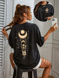 Women's Casual Black T-Shirt with Celestial Starry Sky Print - Relaxed Fit Round Neck Short Sleeve Top, Medium Stretch Breathable Fabric for Spring/Summer, Machine Washable, Ladies T Shirts, Versatile Clothing, Galaxy Design, Comfortable Fit - Black